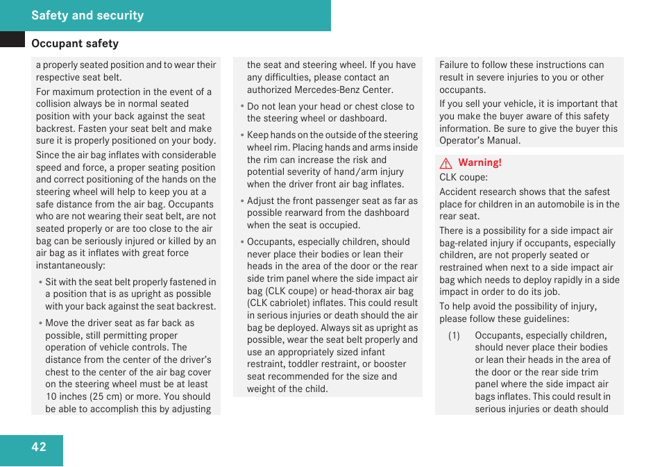 Safety and security | Mercedes-Benz CLK-Class 2009 Owners Manual User Manual | Page 44 / 384