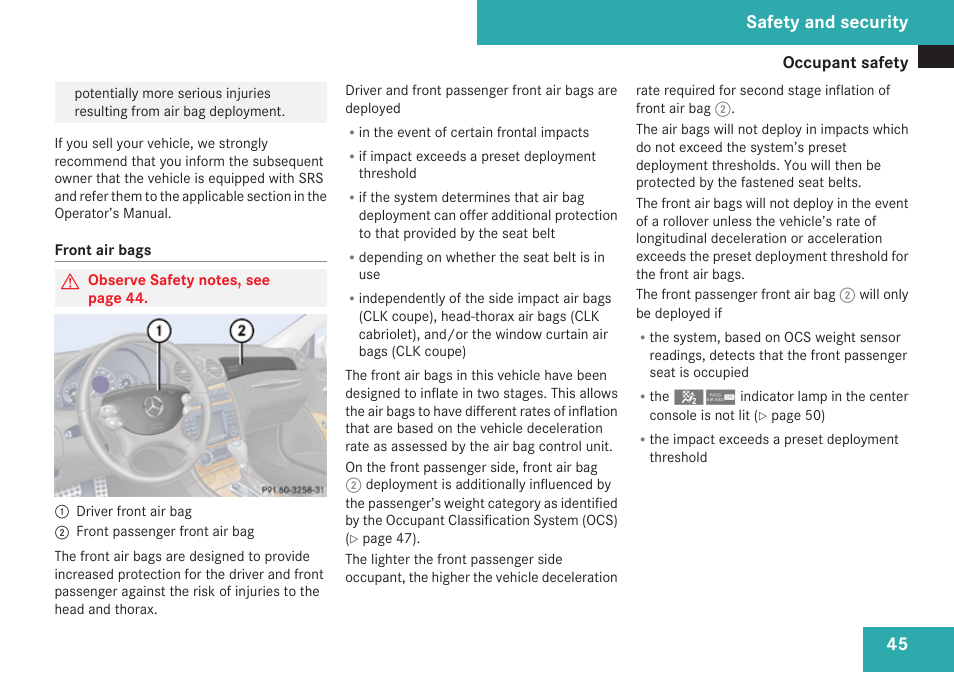 Safety and security | Mercedes-Benz CLK-Class 2009 Owners Manual User Manual | Page 47 / 384