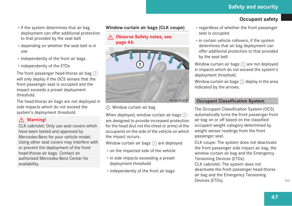 Occupant classification system, Safety and security | Mercedes-Benz CLK-Class 2009 Owners Manual User Manual | Page 49 / 384