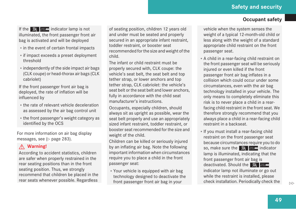 Safety and security | Mercedes-Benz CLK-Class 2009 Owners Manual User Manual | Page 51 / 384