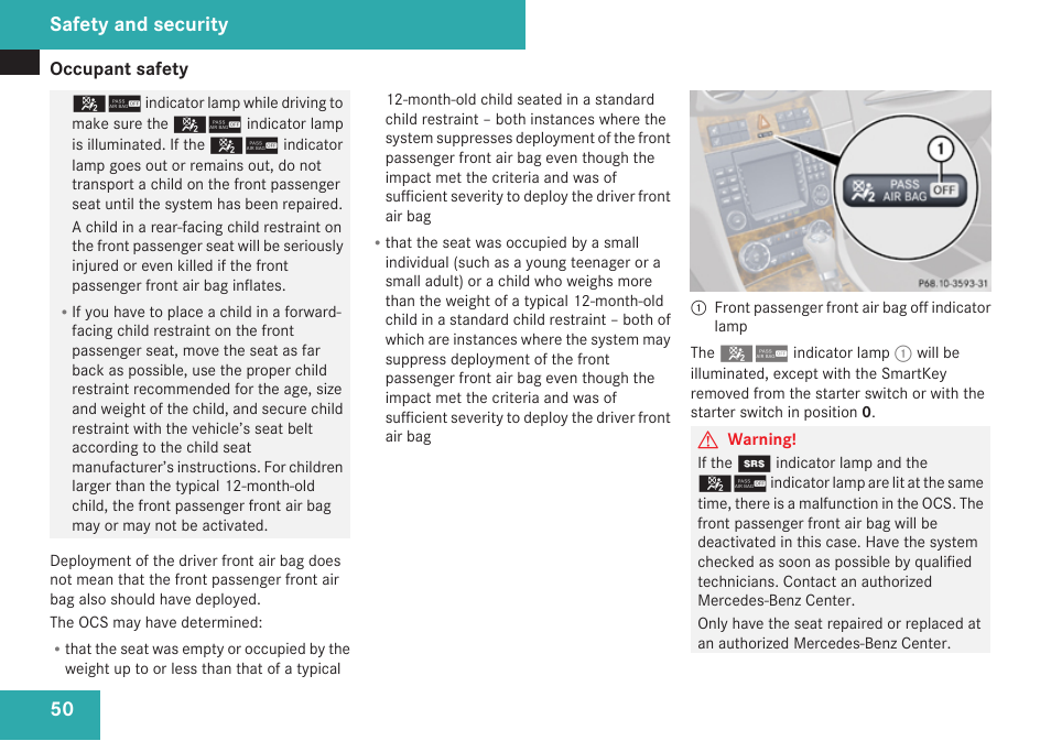 Console is not lit, Safety and security | Mercedes-Benz CLK-Class 2009 Owners Manual User Manual | Page 52 / 384
