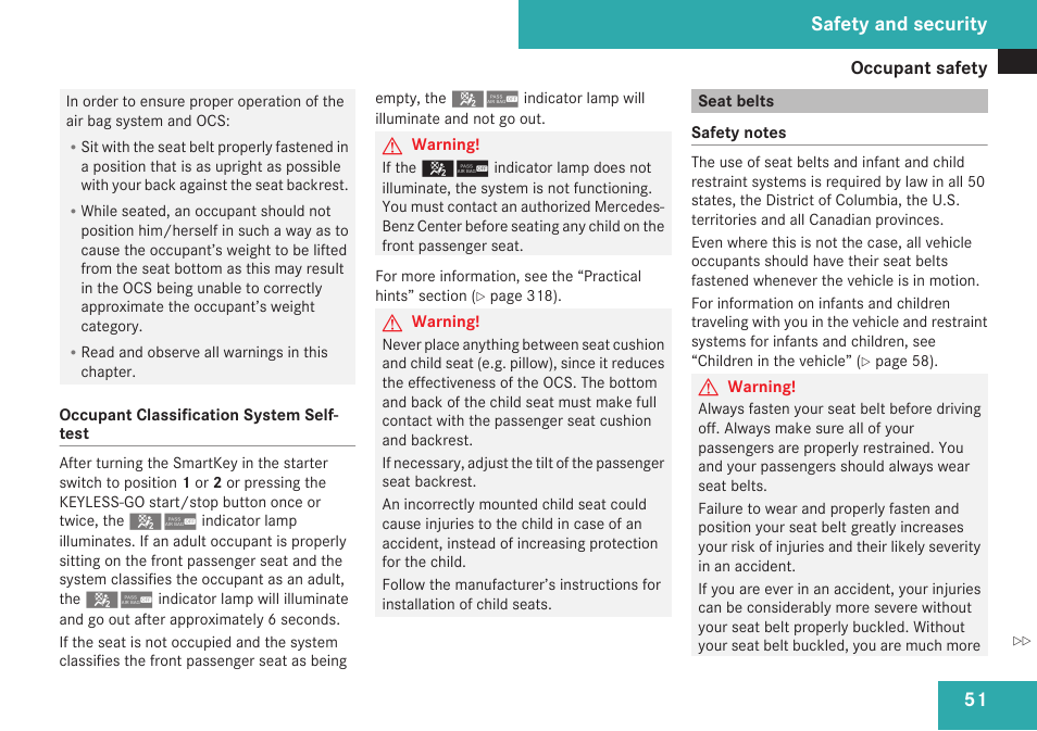Seat belts, Safety and security | Mercedes-Benz CLK-Class 2009 Owners Manual User Manual | Page 53 / 384