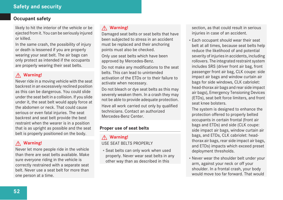 Safety and security | Mercedes-Benz CLK-Class 2009 Owners Manual User Manual | Page 54 / 384