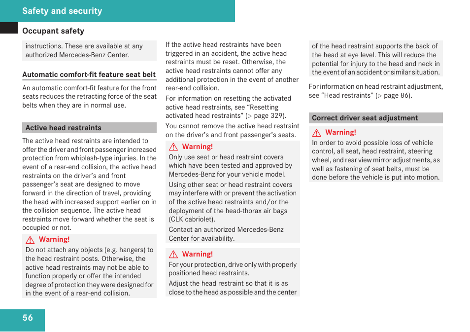 Active head restraints, Correct driver seat adjustment, Safety and security | Mercedes-Benz CLK-Class 2009 Owners Manual User Manual | Page 58 / 384