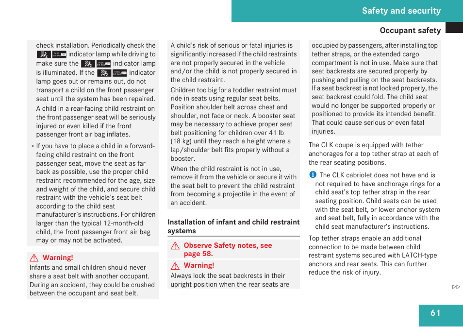 Safety and security | Mercedes-Benz CLK-Class 2009 Owners Manual User Manual | Page 63 / 384