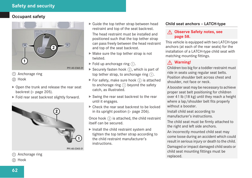 Anchors, Safety and security | Mercedes-Benz CLK-Class 2009 Owners Manual User Manual | Page 64 / 384