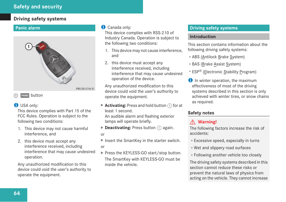 Panic alarm, Driving safety systems, Introduction | Safety and security | Mercedes-Benz CLK-Class 2009 Owners Manual User Manual | Page 66 / 384