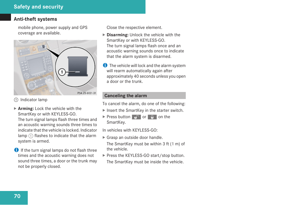 Canceling the alarm, Safety and security | Mercedes-Benz CLK-Class 2009 Owners Manual User Manual | Page 72 / 384