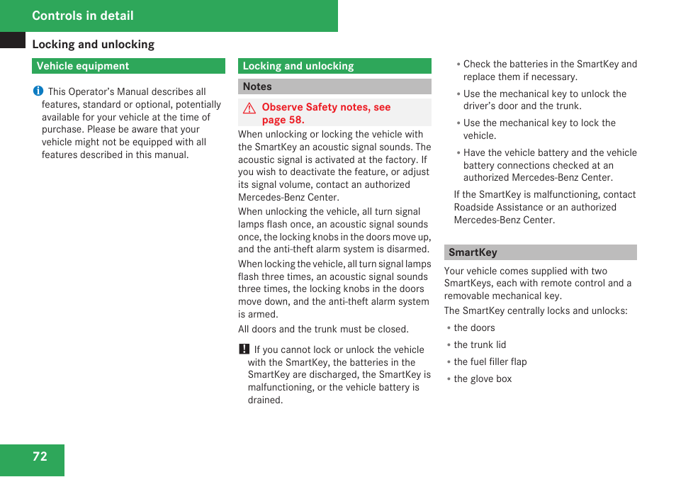 Controls in detail, Vehicle equipment, Locking and unlocking | Notes, Smartkey | Mercedes-Benz CLK-Class 2009 Owners Manual User Manual | Page 74 / 384