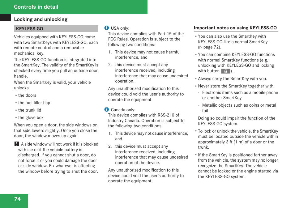 Keyless-go, Controls in detail | Mercedes-Benz CLK-Class 2009 Owners Manual User Manual | Page 76 / 384
