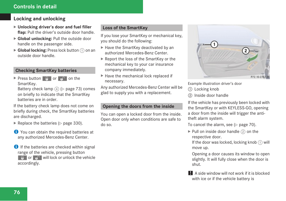 Checking smartkey batteries, Loss of the smartkey, Opening the doors from the inside | Controls in detail | Mercedes-Benz CLK-Class 2009 Owners Manual User Manual | Page 78 / 384