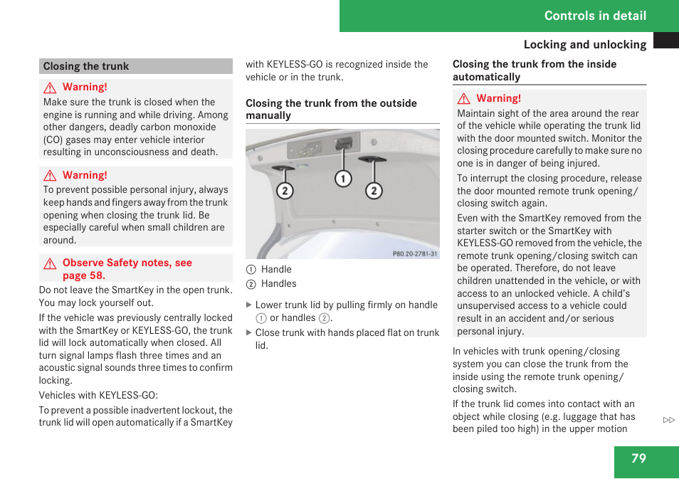 Closing the trunk, Controls in detail | Mercedes-Benz CLK-Class 2009 Owners Manual User Manual | Page 81 / 384