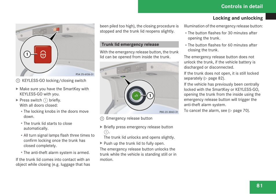 Trunk lid emergency release, Controls in detail | Mercedes-Benz CLK-Class 2009 Owners Manual User Manual | Page 83 / 384