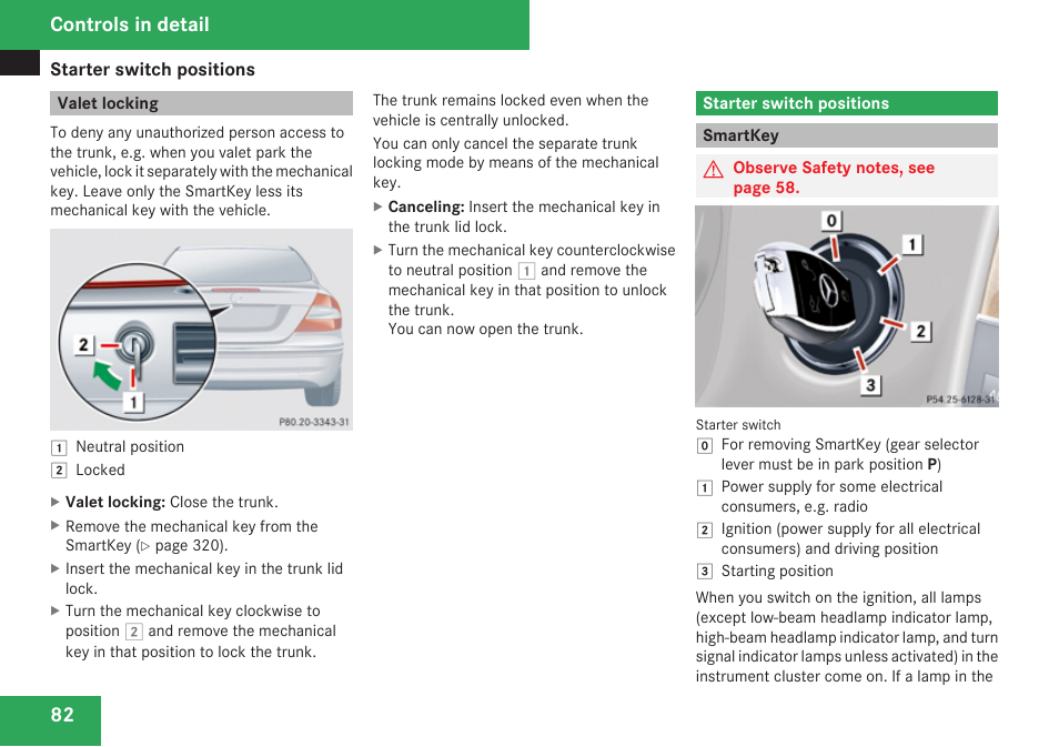 Valet locking, Starter switch positions, Smartkey | Controls in detail | Mercedes-Benz CLK-Class 2009 Owners Manual User Manual | Page 84 / 384