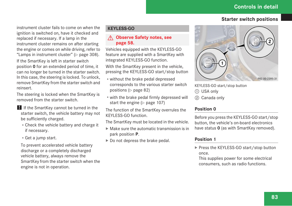 Keyless-go, Controls in detail | Mercedes-Benz CLK-Class 2009 Owners Manual User Manual | Page 85 / 384