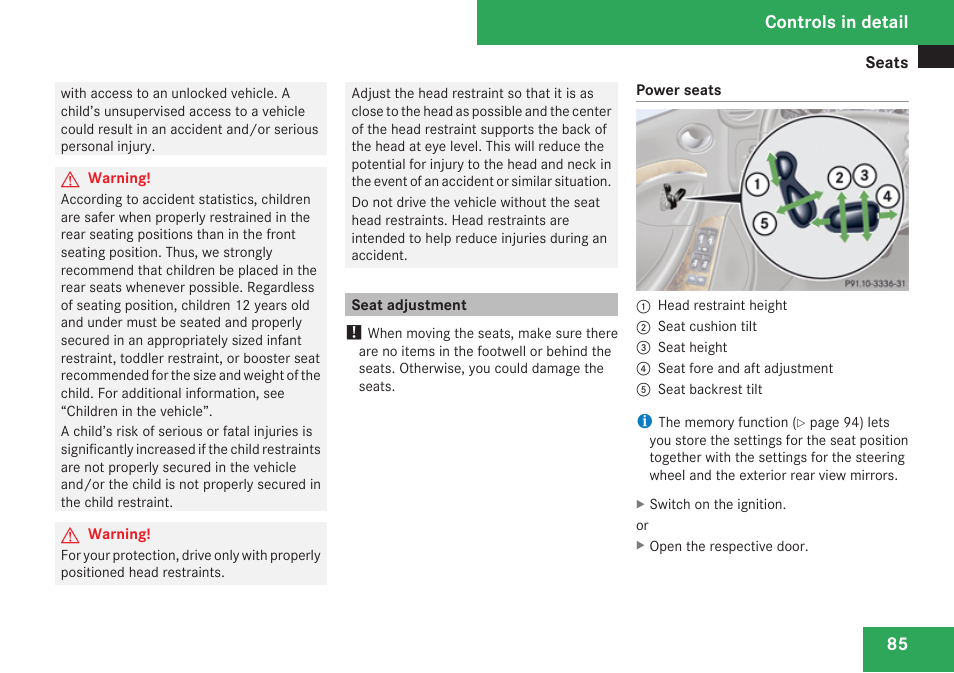 Seat adjustment, Controls in detail | Mercedes-Benz CLK-Class 2009 Owners Manual User Manual | Page 87 / 384