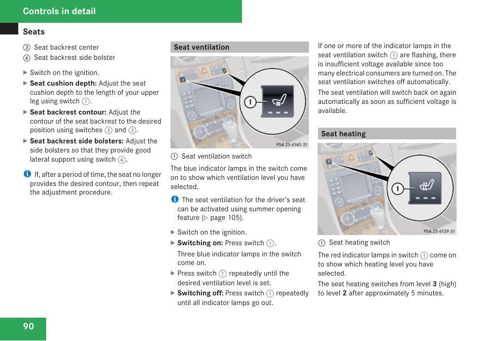 Seat ventilation, Seat heating, Controls in detail | Mercedes-Benz CLK-Class 2009 Owners Manual User Manual | Page 92 / 384