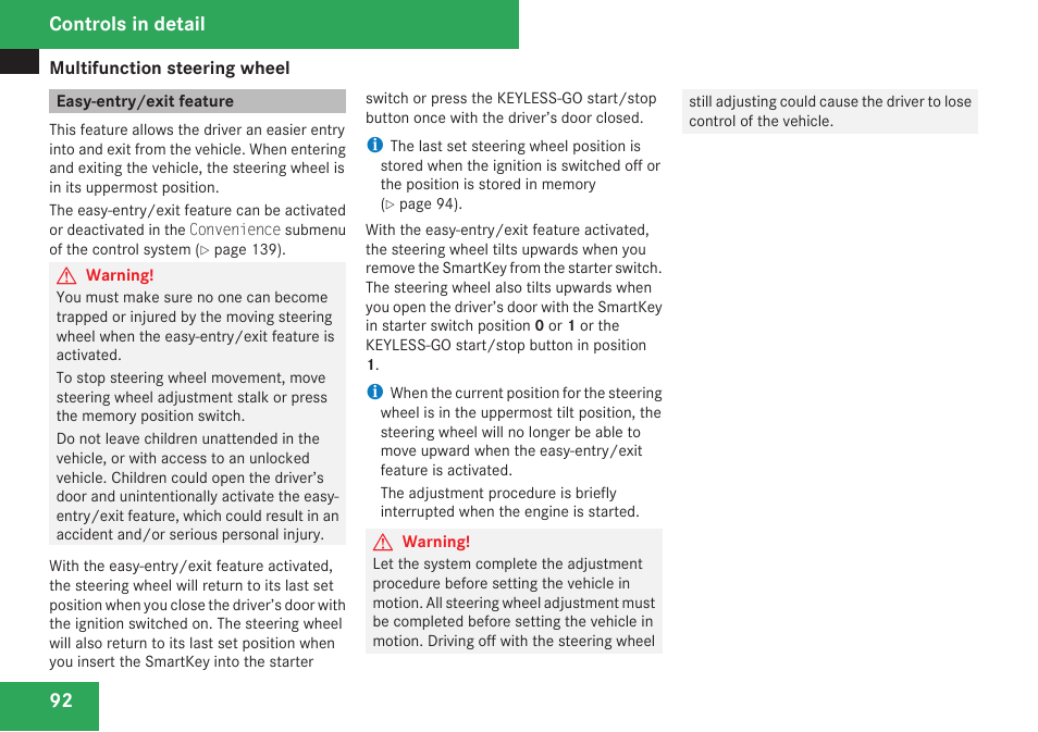 Easy-entry/exit feature, Controls in detail | Mercedes-Benz CLK-Class 2009 Owners Manual User Manual | Page 94 / 384