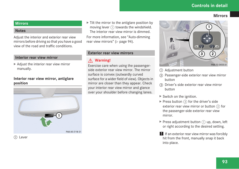 Mirrors, Notes, Interior rear view mirror | Exterior rear view mirrors, Controls in detail | Mercedes-Benz CLK-Class 2009 Owners Manual User Manual | Page 95 / 384