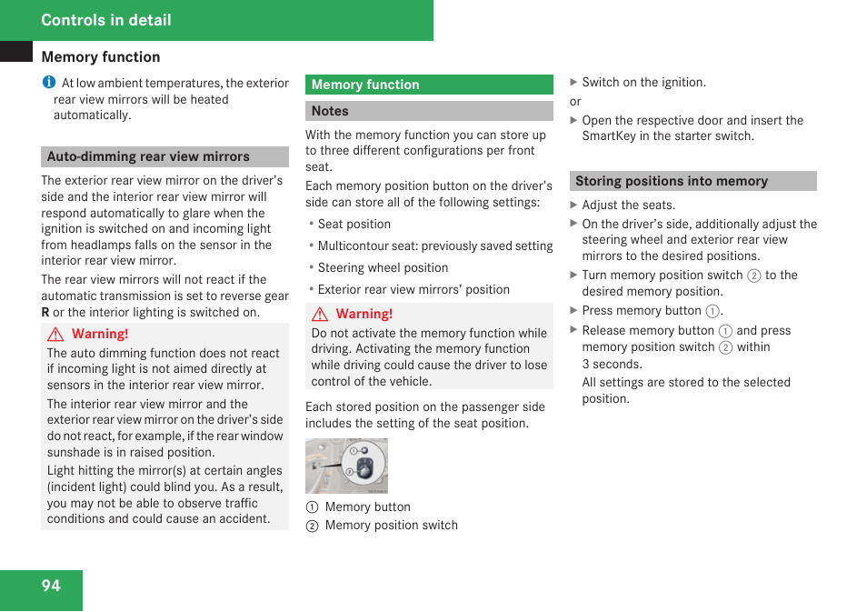 Auto-dimming rear view mirrors, Memory function, Notes | Storing positions into memory, Controls in detail | Mercedes-Benz CLK-Class 2009 Owners Manual User Manual | Page 96 / 384