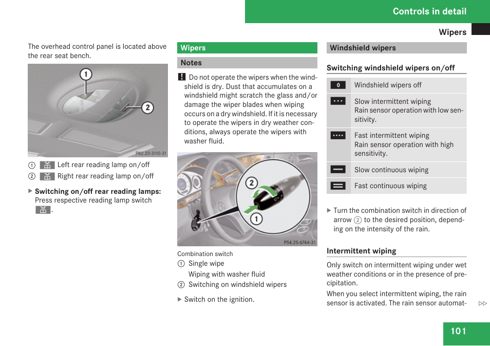 Wipers, Notes, Windshield wipers | Controls in detail | Mercedes-Benz CLS-Class 2009 Owners Manual User Manual | Page 103 / 356