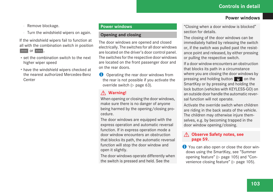 Power windows, Opening and closing, Controls in detail | Mercedes-Benz CLS-Class 2009 Owners Manual User Manual | Page 105 / 356
