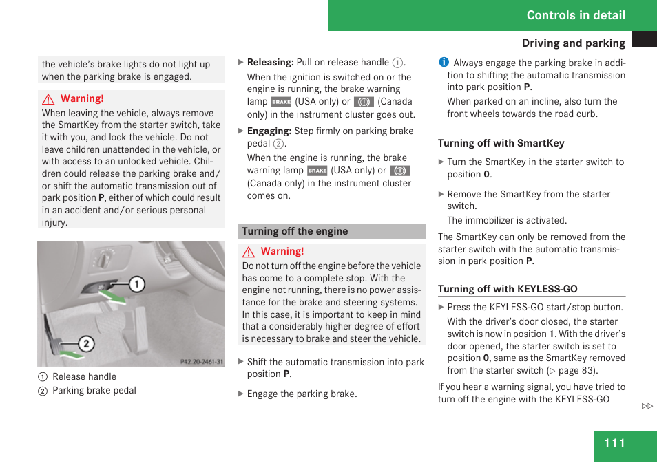 Turning off the engine, Controls in detail | Mercedes-Benz CLS-Class 2009 Owners Manual User Manual | Page 113 / 356