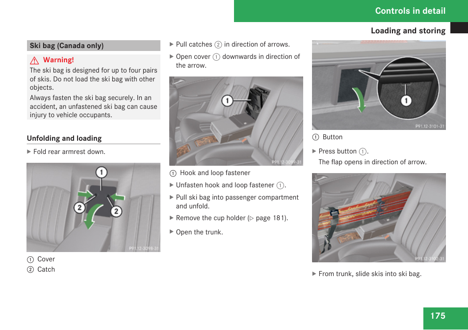 Ski bag (canada only), Controls in detail | Mercedes-Benz CLS-Class 2009 Owners Manual User Manual | Page 177 / 356