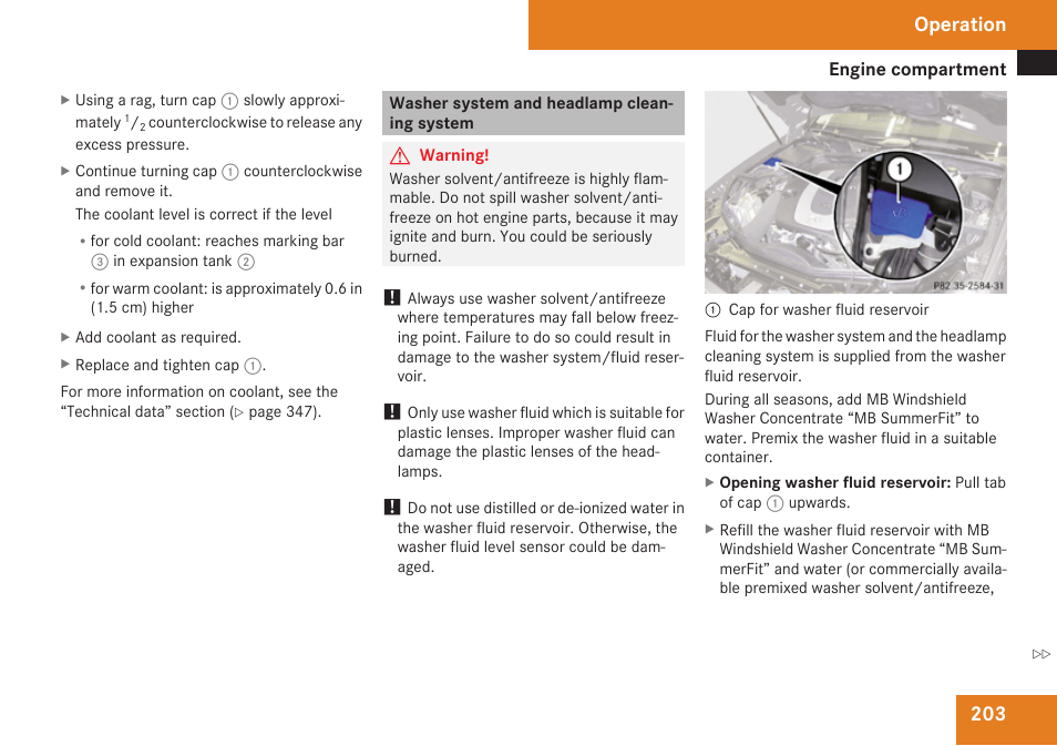 Washer system and headlamp cleaning system, Cleaning system, Operation | Mercedes-Benz CLS-Class 2009 Owners Manual User Manual | Page 205 / 356