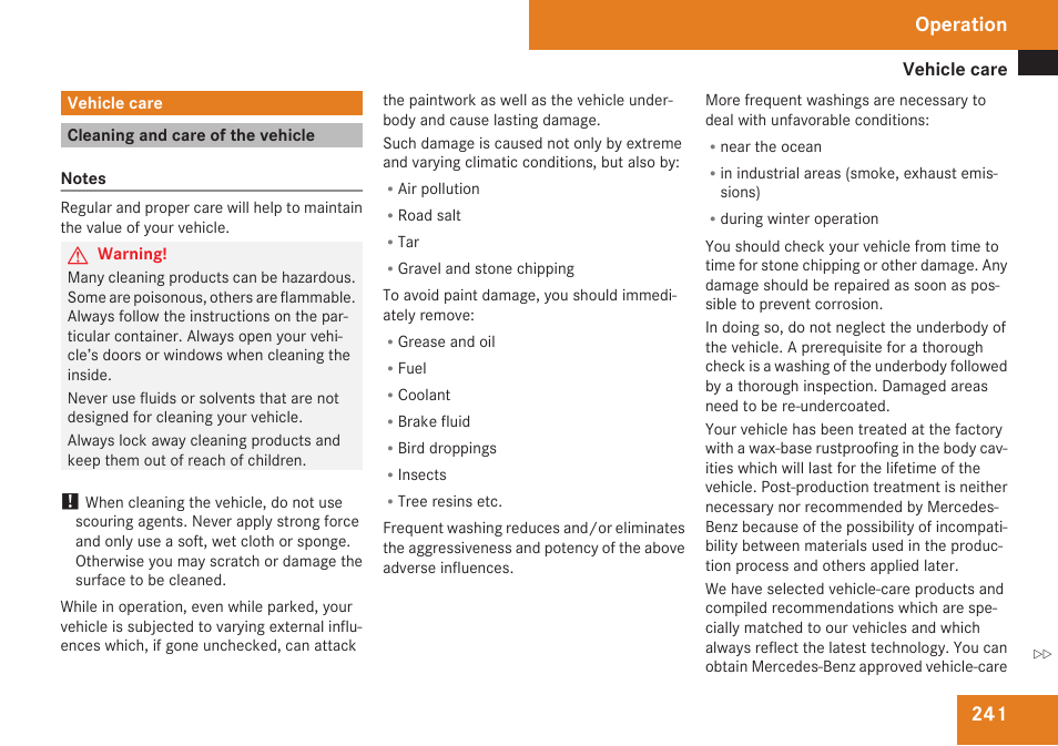 Vehicle care, Cleaning and care of the vehicle, Operation | Mercedes-Benz CLS-Class 2009 Owners Manual User Manual | Page 243 / 356