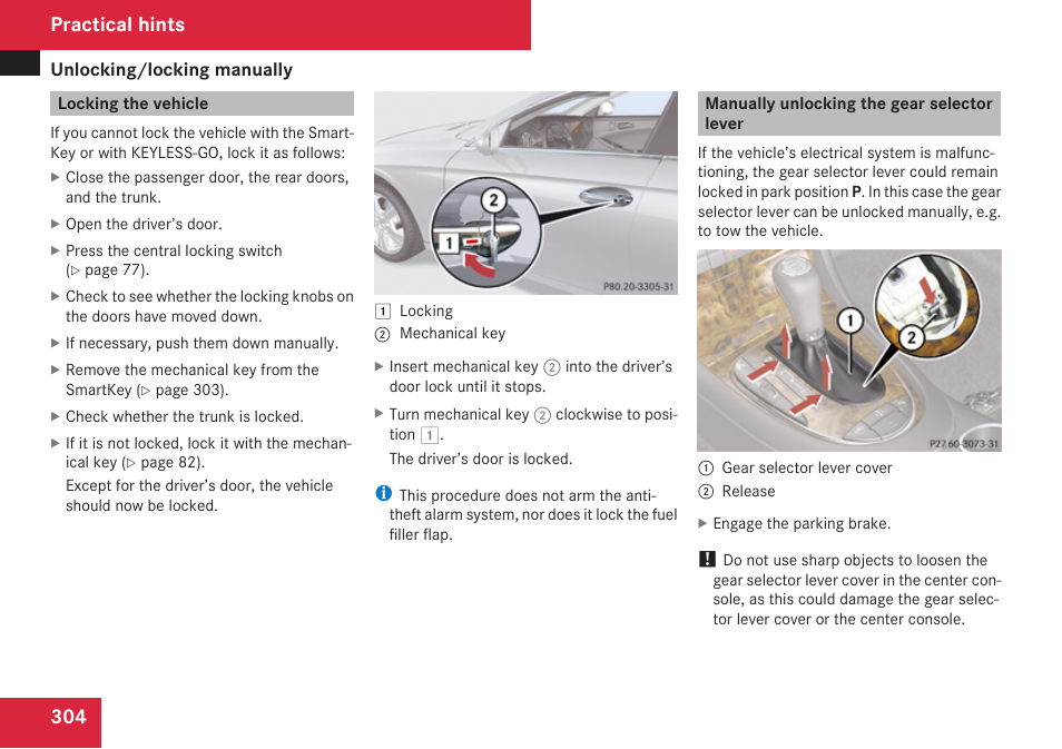 Locking the vehicle, Manually unlocking the gear selector lever, Practical hints | Mercedes-Benz CLS-Class 2009 Owners Manual User Manual | Page 306 / 356