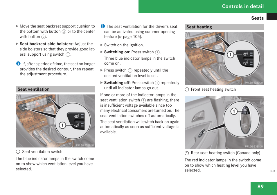 Seat ventilation, Seat heating, Controls in detail | Mercedes-Benz CLS-Class 2009 Owners Manual User Manual | Page 91 / 356