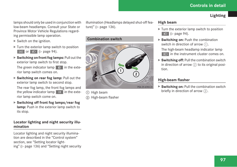 Combination switch, Controls in detail | Mercedes-Benz CLS-Class 2009 Owners Manual User Manual | Page 99 / 356