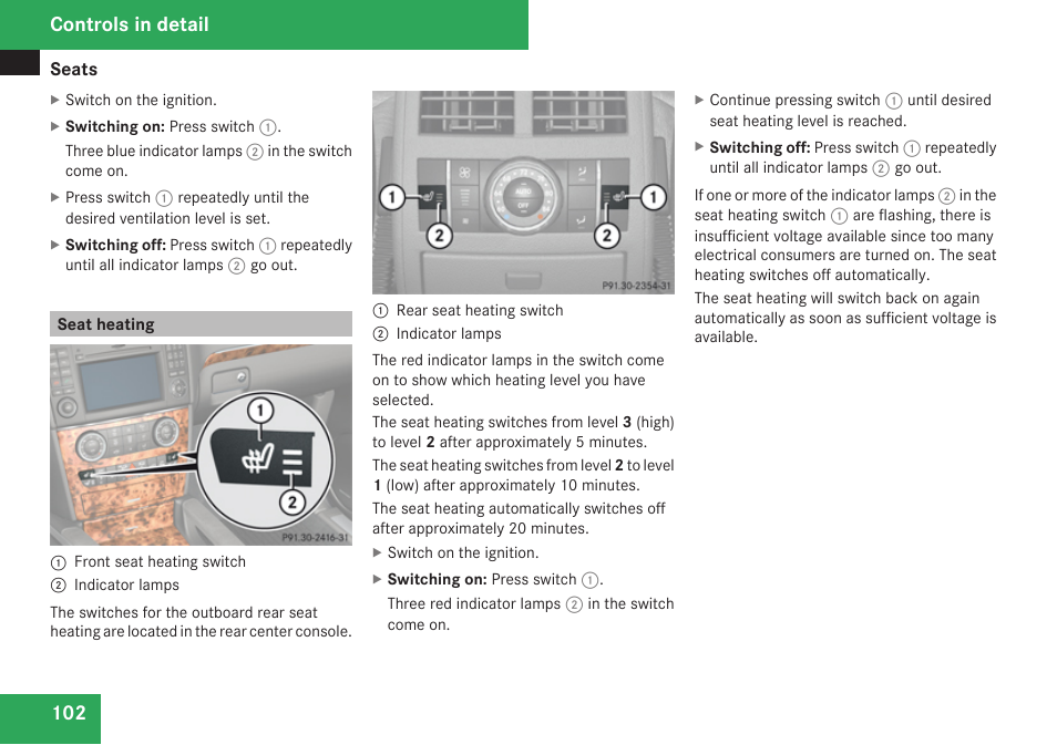 Seat heating, Controls in detail | Mercedes-Benz M-Class 2009 Owners Manual User Manual | Page 104 / 424