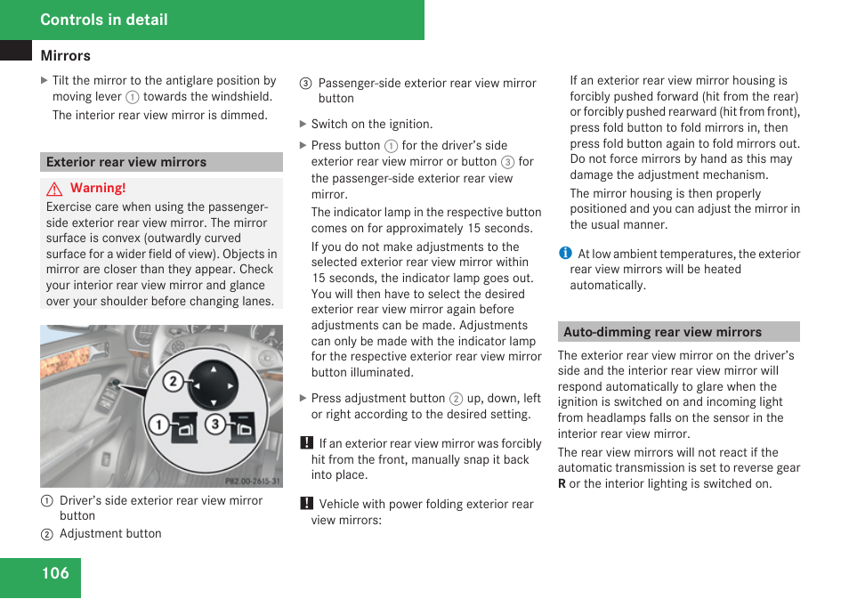 Exterior rear view mirrors, Auto-dimming rear view mirrors, Controls in detail | Mercedes-Benz M-Class 2009 Owners Manual User Manual | Page 108 / 424