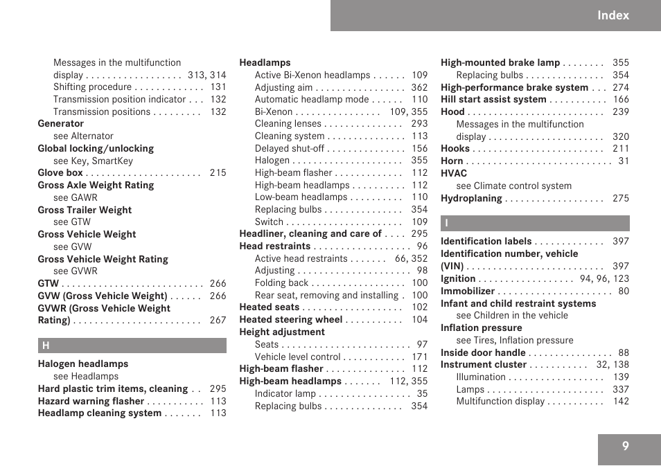 Index | Mercedes-Benz M-Class 2009 Owners Manual User Manual | Page 11 / 424