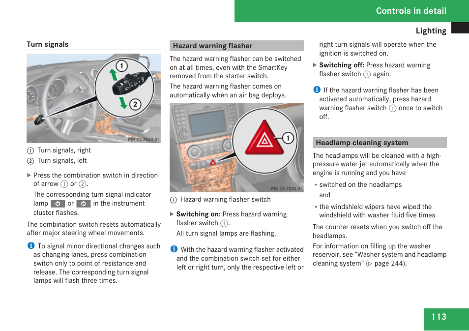 Hazard warning flasher, Headlamp cleaning system, Controls in detail | Mercedes-Benz M-Class 2009 Owners Manual User Manual | Page 115 / 424