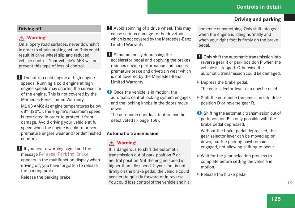 Driving off, Controls in detail | Mercedes-Benz M-Class 2009 Owners Manual User Manual | Page 127 / 424