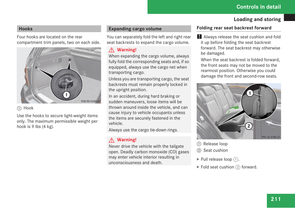 Hooks, Expanding cargo volume, Controls in detail | Mercedes-Benz M-Class 2009 Owners Manual User Manual | Page 213 / 424