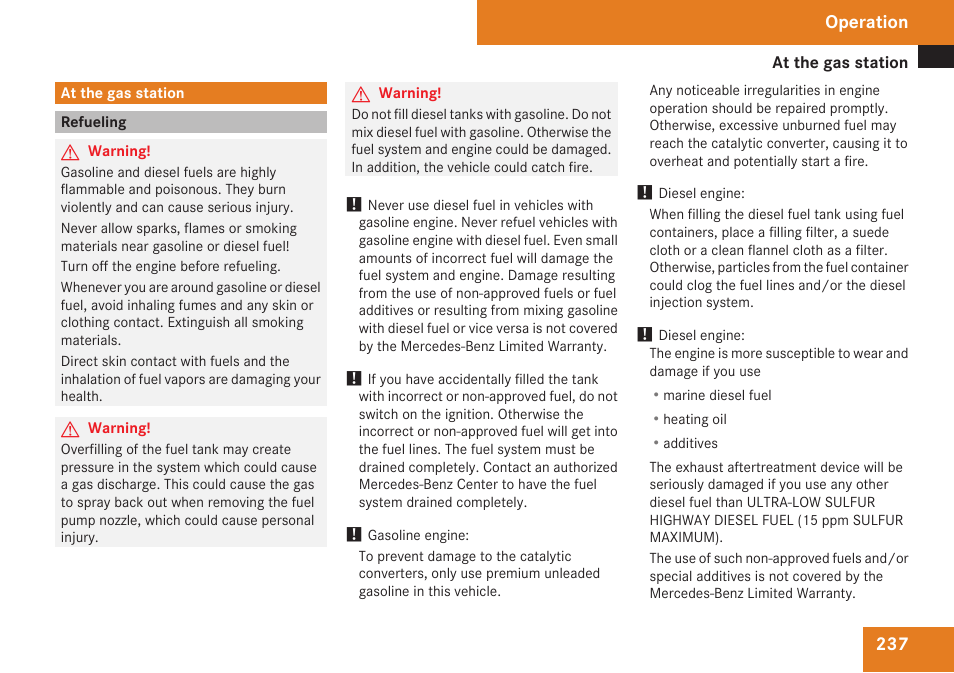 At the gas station, Refueling, Operation | Mercedes-Benz M-Class 2009 Owners Manual User Manual | Page 239 / 424