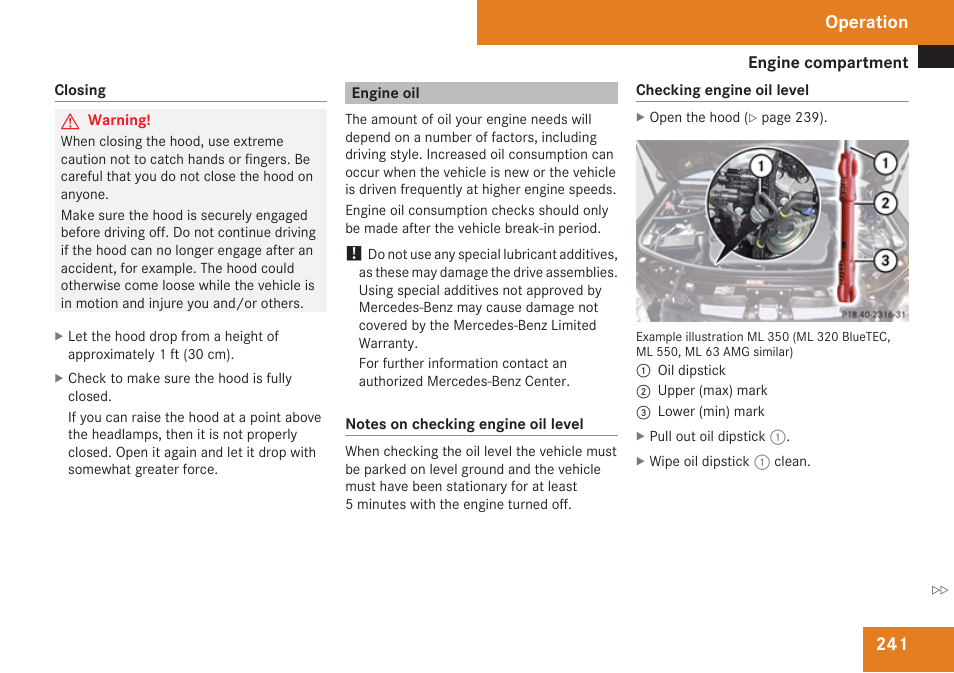 Engine oil, Engine oil level, Operation | Mercedes-Benz M-Class 2009 Owners Manual User Manual | Page 243 / 424