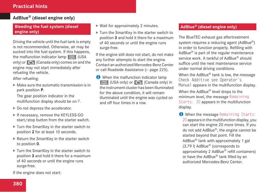 Bleeding the fuel system (diesel engine only), Adblue® (diesel engine only), Practical hints | Mercedes-Benz M-Class 2009 Owners Manual User Manual | Page 382 / 424