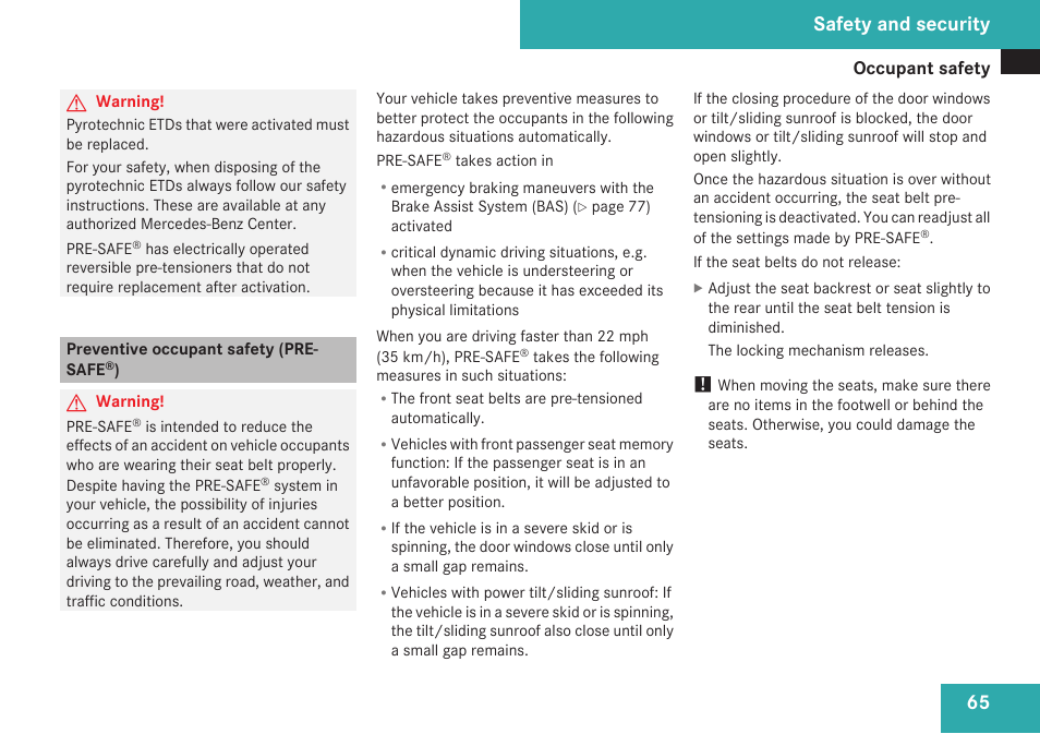 Preventive occupant safety (pre-safe®), Safety and security | Mercedes-Benz M-Class 2009 Owners Manual User Manual | Page 67 / 424