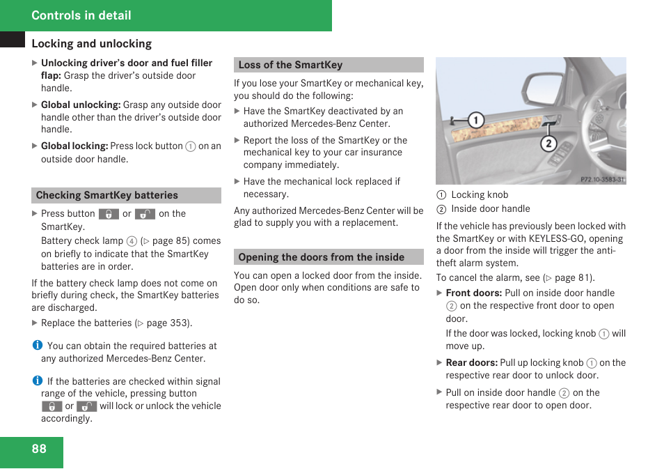 Checking smartkey batteries, Loss of the smartkey, Opening the doors from the inside | Controls in detail | Mercedes-Benz M-Class 2009 Owners Manual User Manual | Page 90 / 424