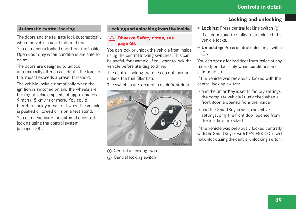 Automatic central locking, Locking and unlocking from the inside, Controls in detail | Mercedes-Benz M-Class 2009 Owners Manual User Manual | Page 91 / 424