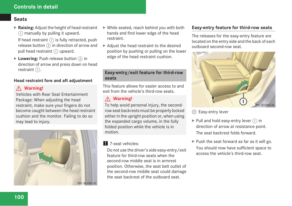 Easy-entry/exit feature for third-row seats, See “head restraints, Restraint properly | Controls in detail | Mercedes-Benz R-Class 2009 Owners Manual User Manual | Page 102 / 412