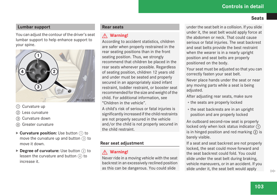 Lumbar support, Rear seats, Controls in detail | Mercedes-Benz R-Class 2009 Owners Manual User Manual | Page 105 / 412