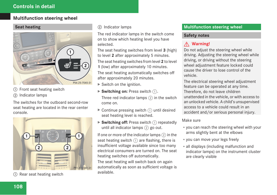 Seat heating, Multifunction steering wheel, Safety notes | Observe safety notes, see, Controls in detail | Mercedes-Benz R-Class 2009 Owners Manual User Manual | Page 110 / 412