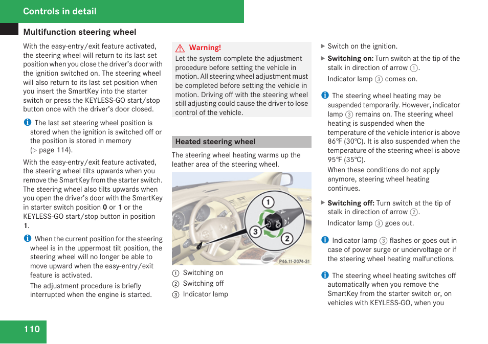 Heated steering wheel, Controls in detail | Mercedes-Benz R-Class 2009 Owners Manual User Manual | Page 112 / 412