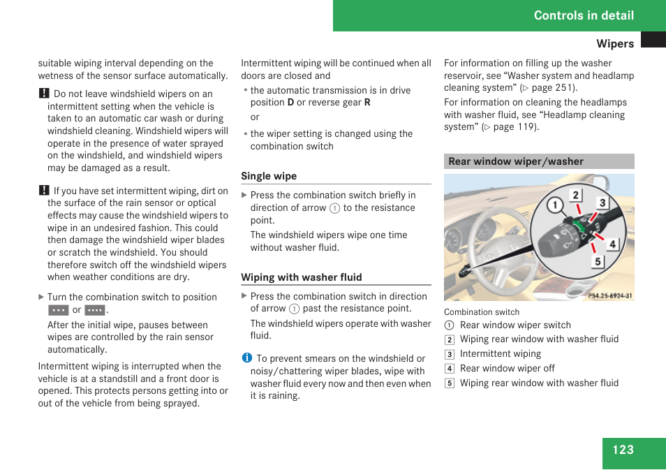 Rear window wiper/washer, Controls in detail | Mercedes-Benz R-Class 2009 Owners Manual User Manual | Page 125 / 412